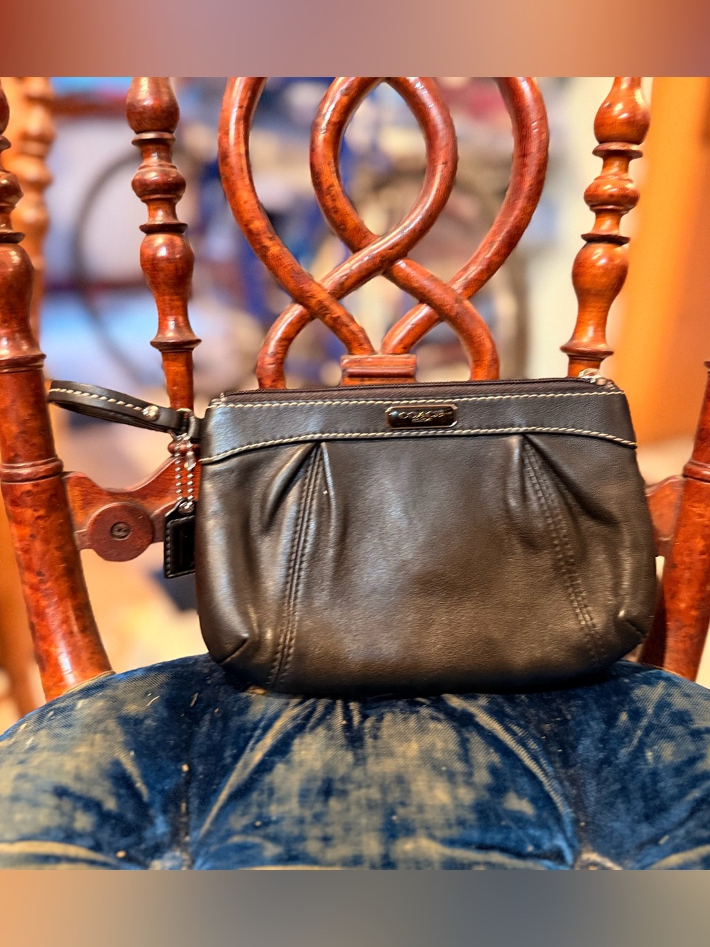 Coach Black Leather Wristlet with Pleat Detail